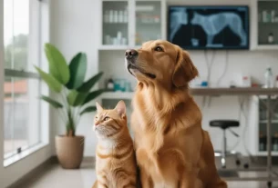cao e gato juntos na clinica veterinaria