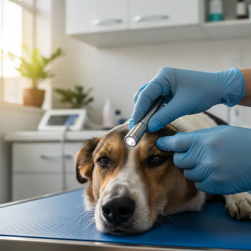 Veterinário examinando olhos de cão com lanterna em consultório iluminado.