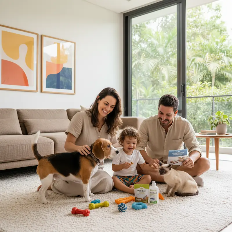 Família brasileira feliz com beagle e gato siamês.