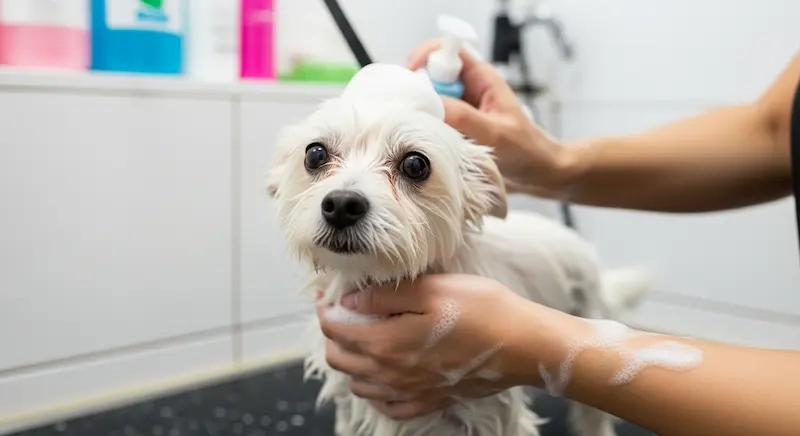 pequeno cão doméstico de pelo branco, recebendo um banho suave com shampoo especial