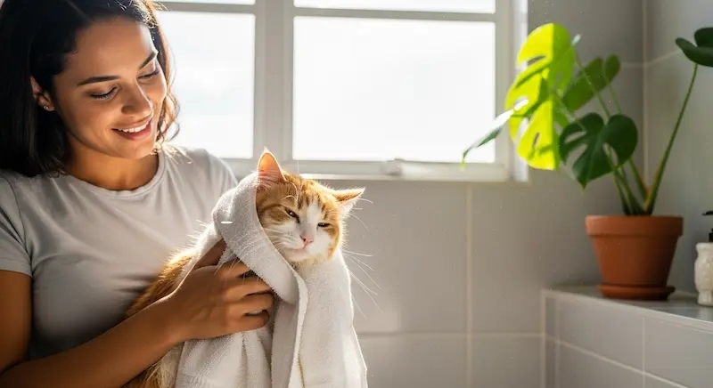 Pode dar banho em gatos? Tutor enxugando um gato com uma toalha macia