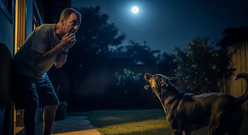 Cachorros latem à noite: Tutor olhando seu cachorro que não para de latir a noite.
