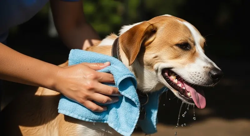 tutor utilizando uma toalha molhada para refrescar seu cachorro.