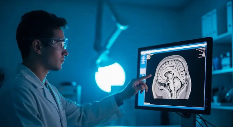 Um cientista em um laboratório moderno analisa a imagem de ressonância magnética do cérebro de um cachorro