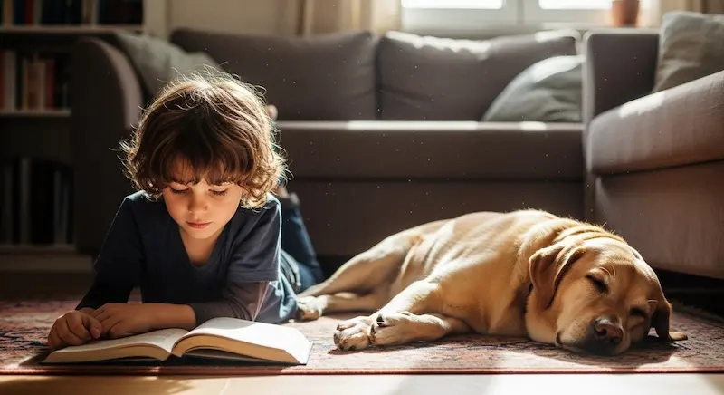 um menino de cabelos encaracolados lendo um livro enquanto esta deitado com seu cachorro labrador