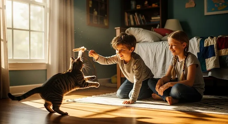 um menino e uma menina brincando com seu gato malhado