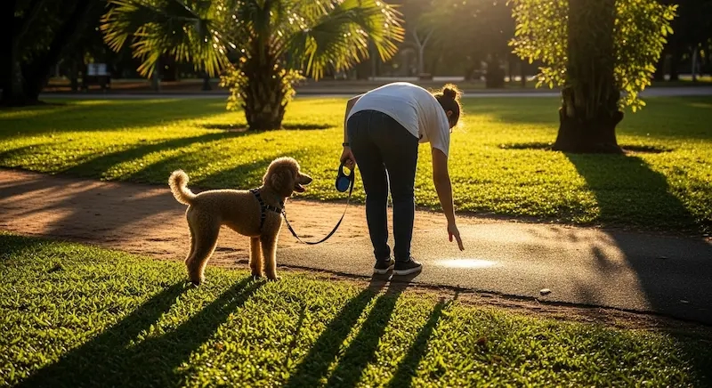 Pets no Calor: Uma pessoa passeando com um cão poodle de médio porte em um parque gramado conferindo a temperatura do chão