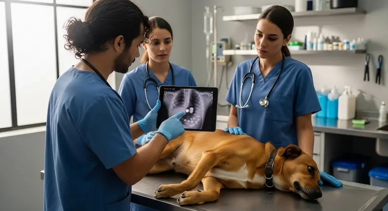 Veterinário brasileiro examinando um cachorro em clínica iluminada.