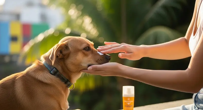 Aplicação de protetor solar no focinho do pet