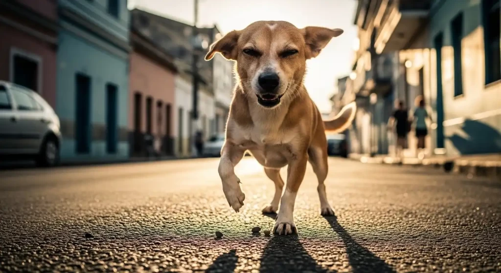 Cachorro pequeno, em rua brasileira quente, levantando uma das patas com expressão de desconforto devido ao asfalto quente.