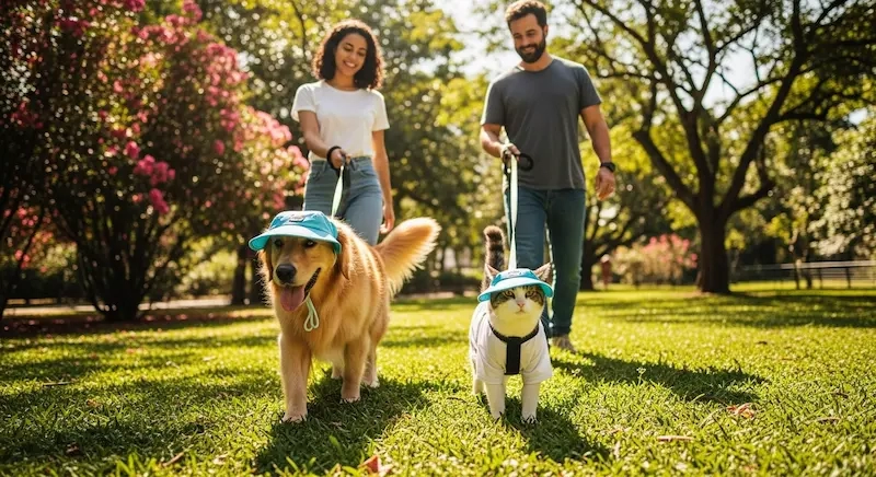 Cão e gato caminhando com seus tutores em um parque brasileiro durante o dia