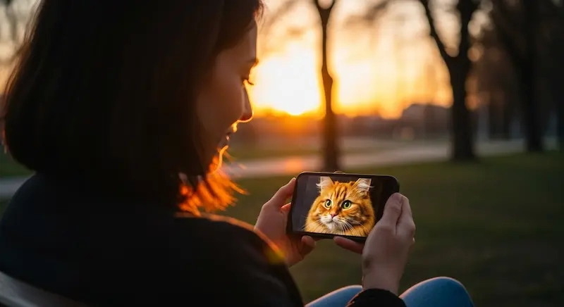 Foto realista de uma mulher olhando a foto do gato no celular, luz dourada do entardecer.