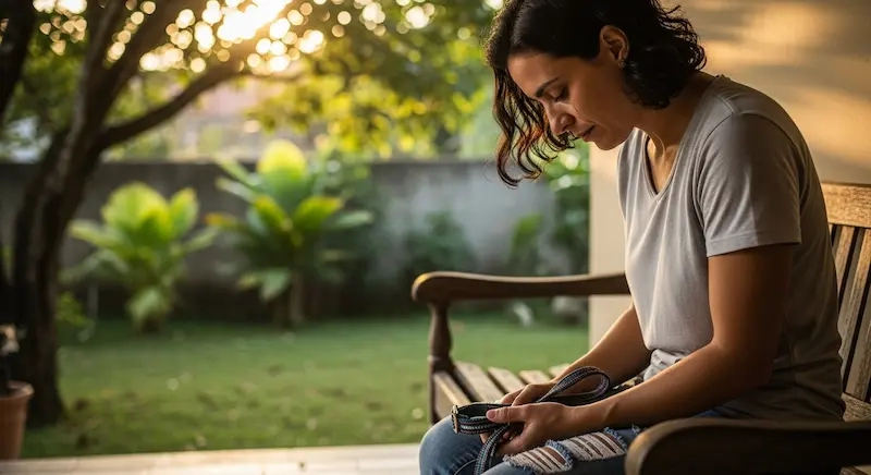 Foto realista e emocional de um tutor segurando a coleira de seu pet falecido, luz natural suave, ambiente doméstico no Brasil