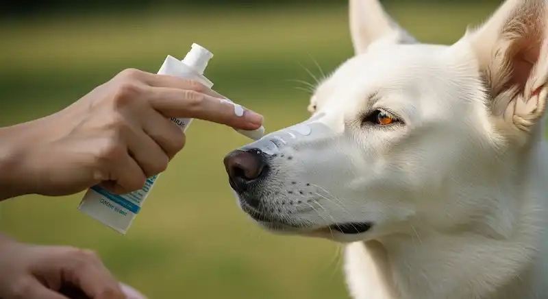 mão humana aplicando filtro solar específico para pets no focinho de um cachorro branco 
