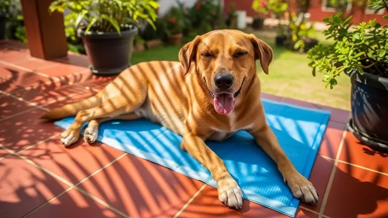 Cachorro relaxado descansando sobre um tapete gelado após a tosa, protegido do calor.