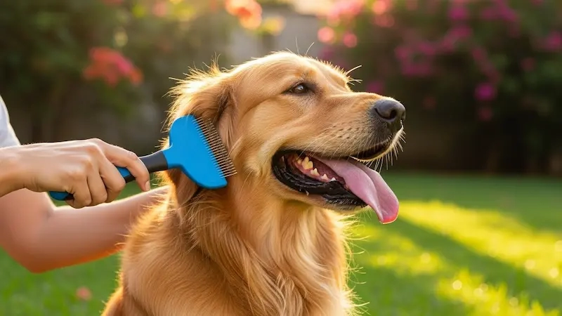 Golden Retriever sorrindo enquanto é escovado em um jardim ensolarado, demonstrando bem-estar na tosa de verão.