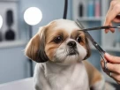 Shih Tzu recebendo corte de pelo com tesoura de forma calma e segura.