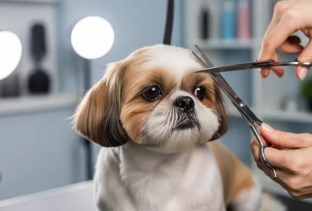 Shih Tzu recebendo corte de pelo com tesoura de forma calma e segura.
