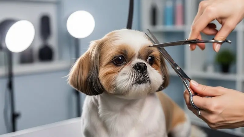 Shih Tzu recebendo corte de pelo com tesoura de forma calma e segura.