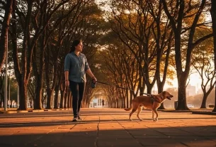 tutor caminhando com seu cachorro vira-lata caramelo