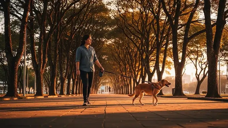 tutor caminhando com seu cachorro vira-lata caramelo