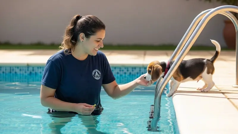 Tutora gentilmente incentivando um filhote de Beagle a entrar na piscina pelos degraus, usando reforço positivo.